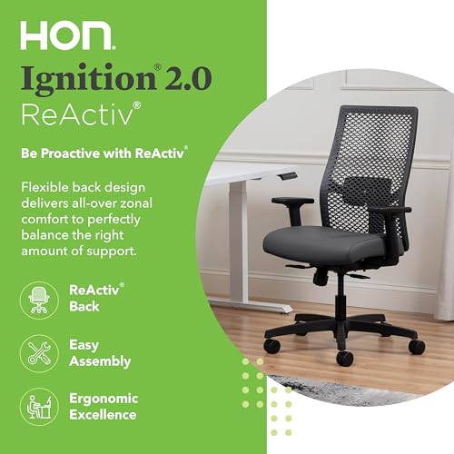 Image of HON Ignition 2.0 ReActiv Ergonomic Office Chair, Mesh Desk Chair with Lumbar Support, Synchro‑Tilt Recline, Height and Width Adjustable Arms, Swivel Wheels, Black Frame, Graphite