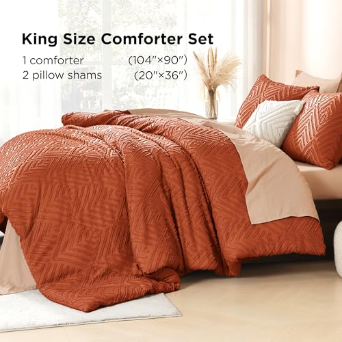 Image of Litanika Burnt Orange King Size Comforter Set,3 Pieces Terracotta Tufted Boho Farmhouse Bedding Comforter Sets,Lightweight Fluffy Comforter Bed Set for All Season (104x90In Comforter & 2 Pillowcases)