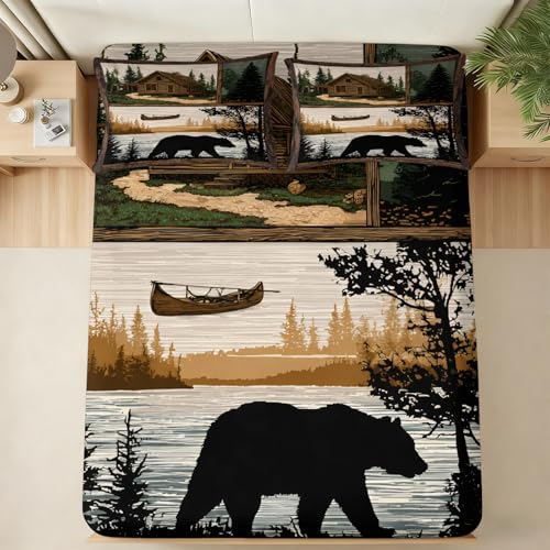 ZAOMIR Black Bear Bedding Sheets Queen Lake Canoe Cabin Wild Animal Hunting Bed Sheet Set 4 Pcs Forest Country North American Wilderness Wildlife Bear Sheets Set (Deep Pocket Fitted & Flat Sheet)