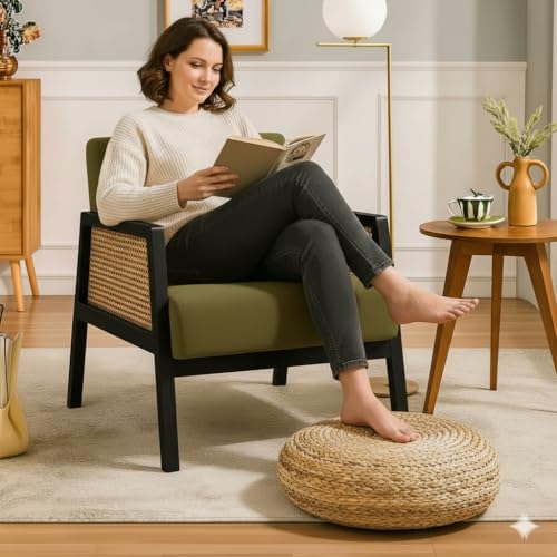 Image of Sheesham Wood Arm Chair with Cushion || Cane Chairs for Balcony || Wooden Armrest Chair Garden Chairs Outdoor || Dining Chair for Living Room Furniture Modern Accent Chair Walnut Finish