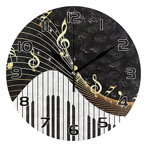 TropicalLife Modern Wall Clock Piano Keyboard Gold Music Note Round Wall Clock Silent Non-Ticking Battery Operated Clock for Living Room Bedroom Kitchen Office School