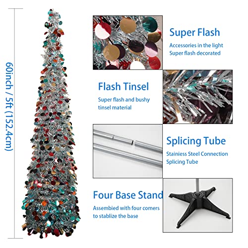 Mothers Day Decorations,5Ft Silver Pop Up Tree Christmas Tree,Color Artificial Pencil Tinsel Xmas Trees For Home Decorations Indoor Holiday Party,Wokeise #TOP2