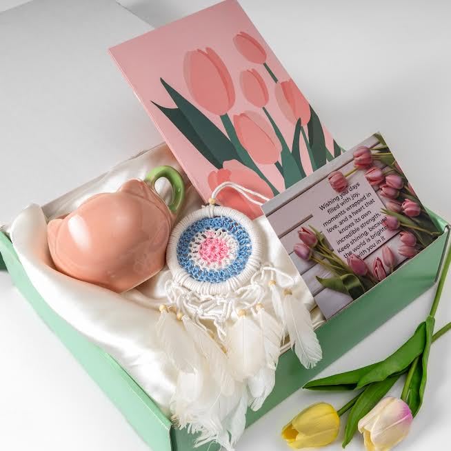 Image of Rarejoy Gift Hamper for Women Tulip Theme Mug Handmade Dreamcatcher Thoughtful Floral Greeting Card Journal Combo Pack of 4 Corporate Valentine Womens Birthday Anniversary Gift