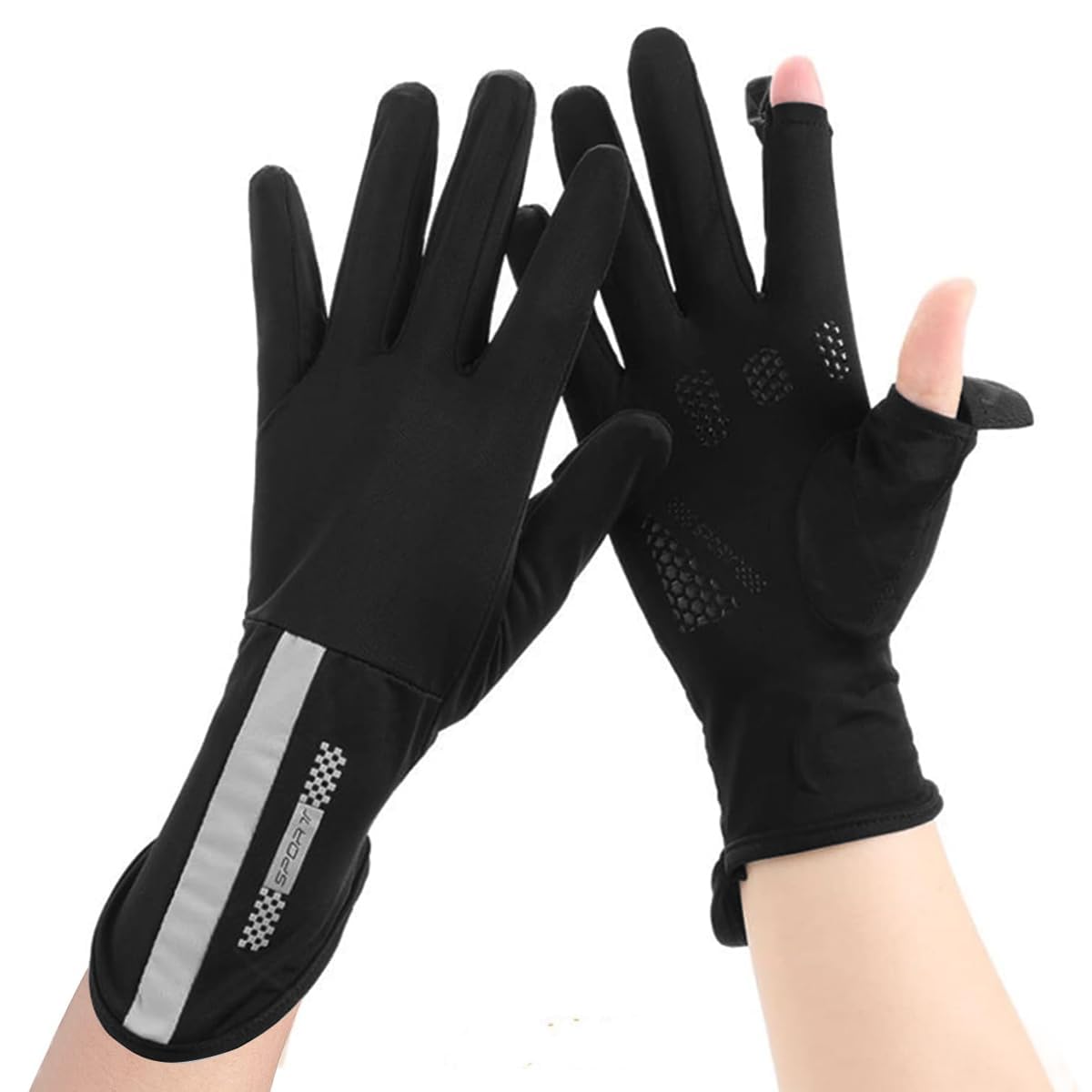 LUVINA 2 PCS Hand Gloves for UV Sun Protection, Breathable Sunscreen Driving Glove Cooling Arm Full Finger, Ice Silk Non-Slip Touch Screen Anti Uv Glove (Black, Gloves) 1