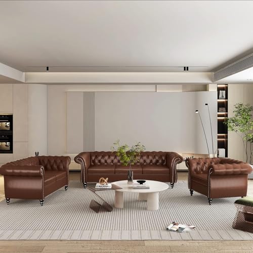 Image of WOODEN WORLD Modern & Classic Leather Sofa Set - Luxurious Comfort, Stylish Design, and Durable Build (Brown, 3+2+1 Seater)