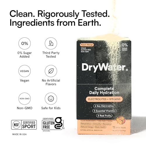 Image of DryWater Electrolyte + Vitamin Hydration Powder Packets - Peach Mango, 1,000mg Potassium, Real Organic Fruit, NSF Certified for Sport, Nothing Artificial, No Added Sugar (12 Stick Packs)