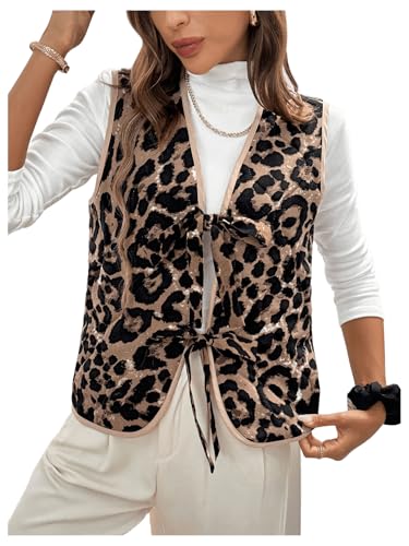 Verdusa Women's Sleeveless Tie Front V Neck Leopard Print Vest Waistcoat Outerwear