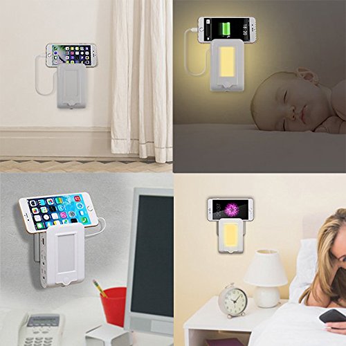 Finduat Wall Mount Charger Outlet With Dusk To Dawn Sensor LED Night Light, Surge-protected Power Socket Extender With 4 AC Outlet 2 USB Charging Ports for IPhone, Samsung, IPad, Phone Holder Slot - Thumbnail 3