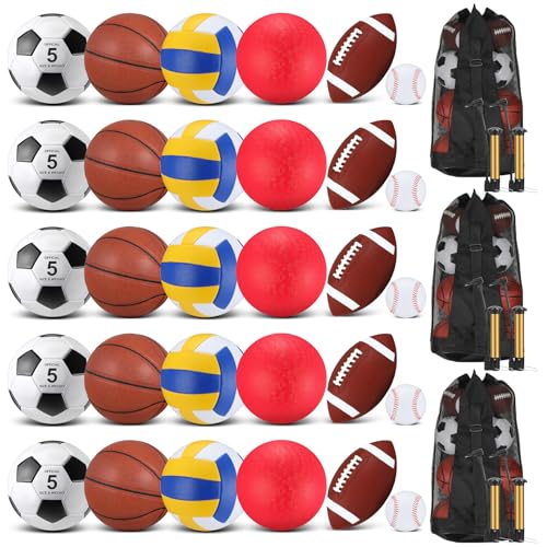 Liliful 36 Pcs Bulk Assorted Sport Balls Set Football Soccer Playground Ball Basketball Volleyball Baseball with Equipment Bag Pump for Kid Youth Adult Back to School Gifts(Brown Red)