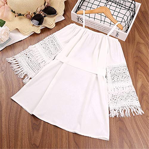 SHIBAOZI Vestido de verão com franja vazada meia manga e alça de ombro ajustável, Branco, 11-12 anos