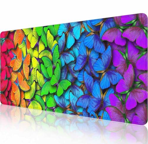 Desk Mat, XXL Large Gaming Mouse Pad, Anti-Slip Rubber Base Mousepad with Stitched Edges, Keyboard Mouse Mat Big Desk Pad for Work, Game, Office, Home,31.5x11.8 inch Rainbow Butterflies