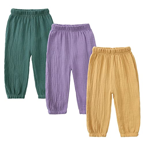 Image of Kids Tales 3 Pack Boys Girls Cotton Linen Pants Child Basic Plain Solid Trousers Big Kids Elastic Waist Long Pants Bloomers