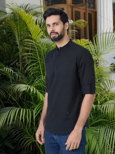 Image of See Designs Men's Roll-Up Sleeve Mandarin Collar Cotton Solid Short Kurta (Pack of 2) - Festive Collection