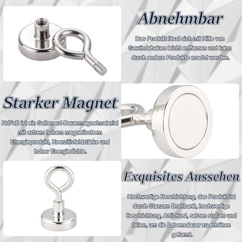 VEGCOO 16 Stücke Magnethaken Extra Stark, 8KG Stark Neodymium Magnet Haken, 16mm Neodym Ösenmagnet, Multifunktionale Runde Magnet mit Haken für Küche Camping Bad Garage Büro Suche Magnet