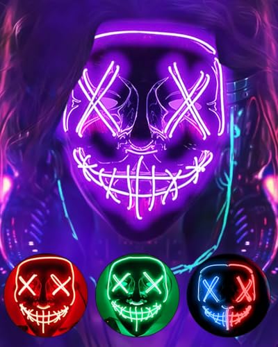 DWTECH Máscara de purga LED de Halloween, fantasia de Halloween, máscara LED brilhante e assustadora para adultos, homens, mulheres, festivais, festas, carnaval, Halloween, cosplay (roxo 1)