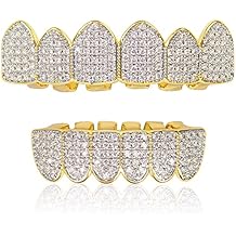 DUNCHATY Diamond Gold Grillz للرجال والنساء - شوايات أسنان هيب هوب مطلية بالذهب عيار 18 قيراط لأعلى القاع - مع قضبان صب