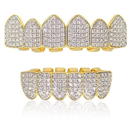 Diamond Gold Grillz for Men Women Gold Grills for Your Teeth 18k Gold Plated Grillz Hip Hop,Top Bottom Gold Teeth Grillz for Kids with Molding Bars Rapper Costume Cosplay