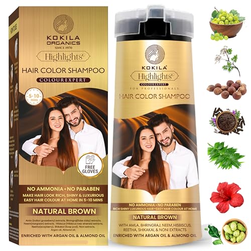 Kokila Hair Color Shampoo for Men & Women | No Ammonia – No Paraben | 10 Pair Free Gloves, Natural Brown 400Ml