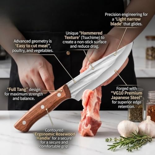 Image of Chef Knife with Leather Sheath, Full Tang Kitchen Knife with Ergonomic Wooden Handle, Multipurpose Stainless Steel Blade for Cutting Meat, Vegetables, Fruits (Kitchen Knife)