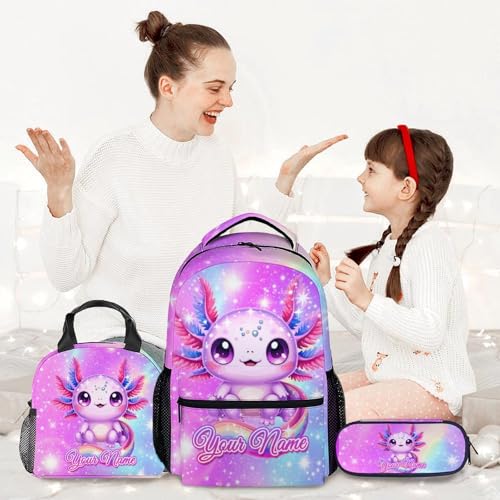Personalized Girls Backpack with Lunch Box - 3PCS Axolotl Backpacks Matching Combo for Elementary - Animals Lightweight Bookbag and Pencil Case Bundle2