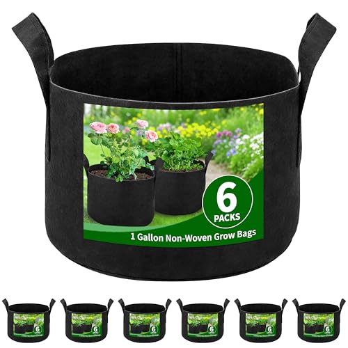 SORANGEUN 6 Pack 1 Gallon Grow Bags Heavy Duty 300g Nonwoven Fabric Plant Pots with Reinforced Handles Breathable Potato Grow Bags for Vegetables Herbs Seedlings - Black