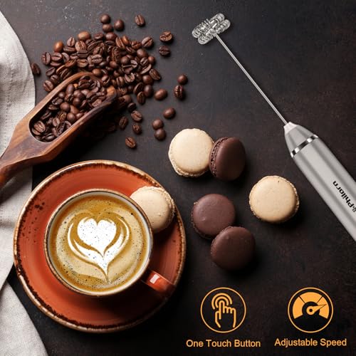 Image of Philorn Milk Frother Wand Handheld Rechargeable Electric Whisk Coffee Drink Mixer, Mini Foamer for Lattes, Cappuccino, Frappe, Matcha, Hot Chocolate, Protein Powder, Keto Diet (Silver 2 Heads)
