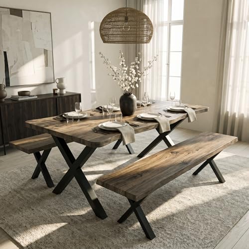 Blisswood Dining Table with 2 Benches for 4-6 Seater 160cm Industrial Kitchen Table Set for Small Spaces Metal Cross Leg Frame Oak Faux Live Edge Top with 3D Wood Finish Dining Room Furniture