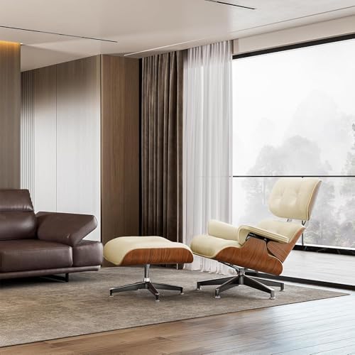 Image of Top Cream White Grain Leather, Mid Century Chaise Lounge Chair and Ottoman, Modern Chair Classic Design, Walnut Wood, Heavy Duty Base Support for Living Room Office