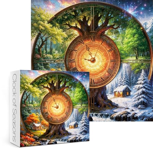 Rompecabezas de Reloj con Paisaje de las Cuatro Estaciones para Adultos, 1000 Piezas. Escena Fantástica del Árbol de la Vida. Rompecabezas Desafiantes de Bosque, Río, Naturaleza y Arte miniatura 2