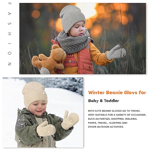 Image of Baby Beanie Hat Gloves Set, Kids Winter Warm Knit Hat with glvoes,Toddler Soft Beanie for Little Boys Little Girls Children