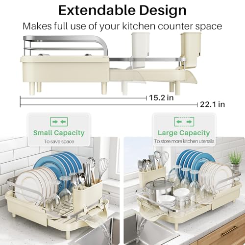 Image of SNTD Dish Drying Rack, Expandable Dish Rack for Kitchen Counter, Stainless Steel Dish Drainer with Drainboard Set and Utensil Holder (Beige)