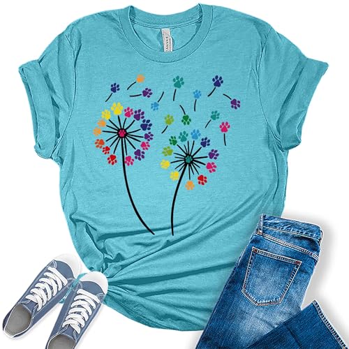 Women's Dandelion Graphic T-Shirts Loose Fit Cute Flower Paw Print Casual Tee Tops