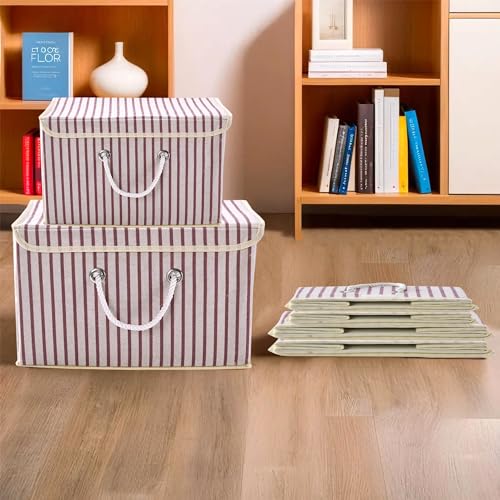 Image of Kuber Industries Pack of 6 Foldable Drawer Organizer (3 Pcs Small & 3 Pcs Large) | Storage Box with Lid & Handle | Clothes Organiser for Wardrobe & Cupboard | Lining-Print | Cream