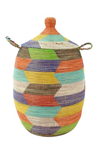 YAADU XXL Panier à linge avec couvercle 100L - Panier à linge tissé, Africain grand panier de rangement, à linge avec poignées, Modell Ubuntu (Blanc,bleu,coloré,jaune,rouge)