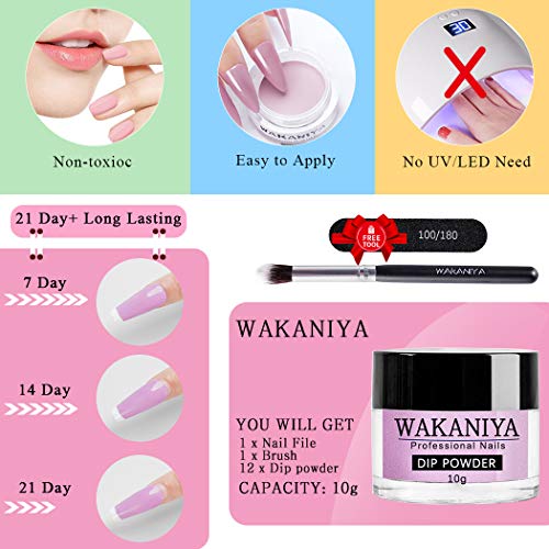 wakaniya Dipping Powders, 12 Acrylic Dip Powder 0,35 Unzen/Flasche Nagel Pulver mit Nagelfeile Pinsel French Manicure… – Bild 6