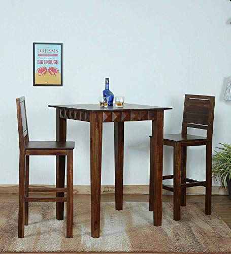 Image of Wooden Long 2 Seater Bar Table Set |2 Seater Dining Table Set with 2 Chairs, High Bar Table and Chairs Set | Kitchen Furniture | Sheesham Wood, Brown Finish