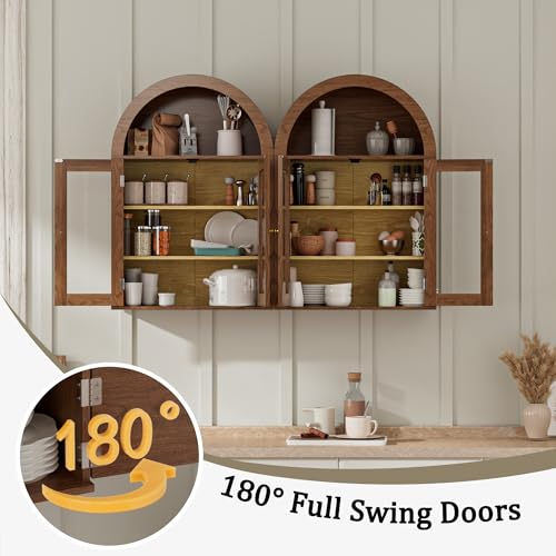 Image of BREEZEHEAT Bathroom Medicine Cabinet Wall Mount-Over The Toilet Storage Cabinet-Arched Wall Cabinet with Glass Doors & Adjustable Shelves, Wood Cabinet for Laundry Room, Kitchen, Living Room, Walnut