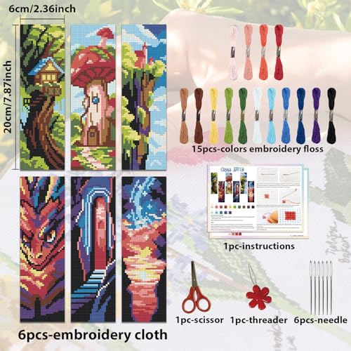 Image of ACRNIGHEET 6 PCS Cross Stitch Bookmark Kit DIY Bookmarks Cross Stitch Kits Stamped Embroidery Bookmarks for Adults Beginners Fantasy Pattern Bookmarks with Instructions Hand Craft Gift, 7.87''x2.36''