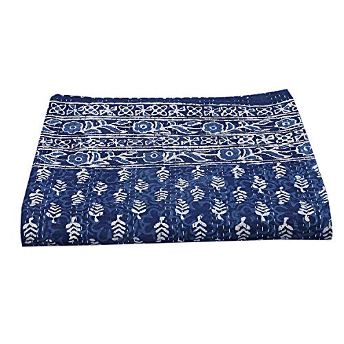 Klavate Indian Bohemian Indigo Traditional Hand Stitched King Size Pure Kantha Cotton Ethnic Decorative Quilt Kantha Throw Bedspreads Handblock Quilt Handmade #TOP11