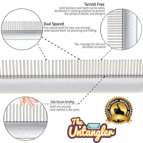 Image of Cat Comb - 7 inch Dual-Spaced with Silky Smooth Rotating Teeth (White Sheen), Stainless Steel, for Cat Hair and Fur