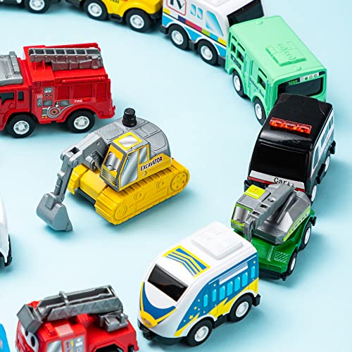 JOYIN 18 Stück Zurückziehen Stadtautos und Lastwagen Spielzeugfahrzeug-Set, Modellauto, reibungsbetriebene Druckgussautos für das Lernspiel von Kleinkindern, Jungen und Mädchen