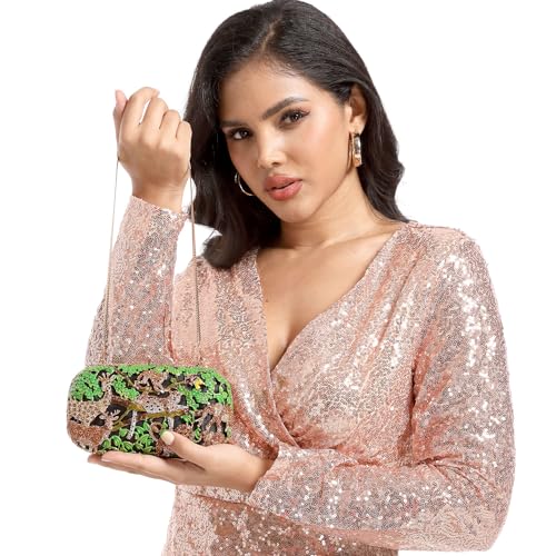 Image of Boutique De FGG Forest Jungle Animal World Crystal Clutch Purse for Women Formal Evening Bags Rhinestone Clutch Handbag,Mini