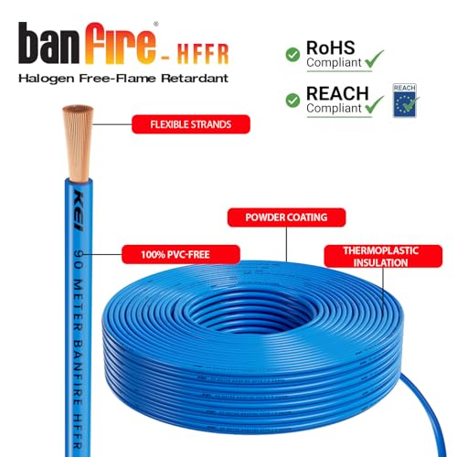 Image of KEI BANFIRE- HFFR 1.5 sqmm 1 Core 99.97% Pure Copper Conductor Heat Resistant Flame Retardant Low Smoke & Halogen - Lead Less House Wire for Domestic & Industrial Electrical Wiring (Blue,90 Meters)