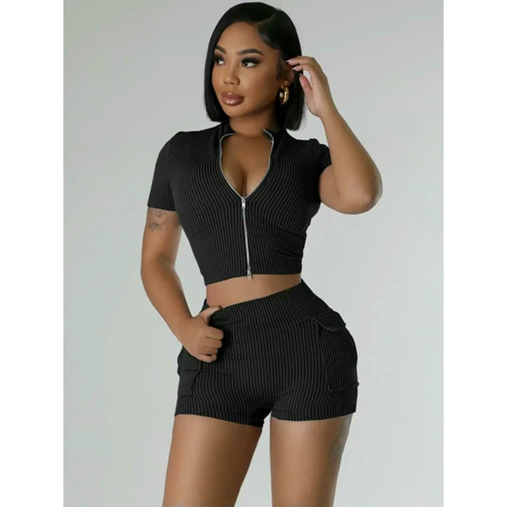 NYSDM Sporty Fitness Dres Damski Dwuczęściowy Zestaw Letni Dzianinowy Prążkowany Zamek Błyskawiczny Krótki Top Szorty Casual Ćwiczenia Siłownia Joga Zestawy