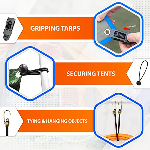 Zexon 40 Pack Bungee Cords Heavy Duty Outdoor With Plastic Coated Steel & Carabiner Hooks Assorted In 10", 18", 24", 36", 48", 60" With 80" Flat Cord, 1 Cargo Net Storage Bag, Tarp Clips & Ball Ties #TOP6