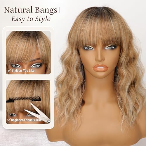 Image of Nnzes Short Wavy Bob Wig with Bangs for Women Shoulder Length Curly Soft Ombre Light Brown With Blonde Synthetic Heat-Resistant Fiber Hair for Daily & Party Use
