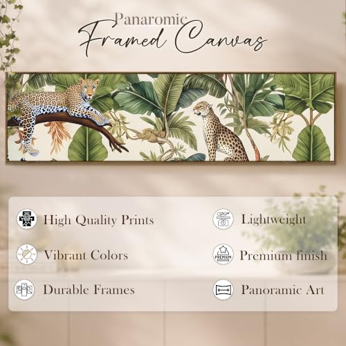 Image of Tropical Leopard Jungle Exotic Wildlife Canvas Framed Wall Art Painting For Living Room, Green Botanical Jungle Painting With Frame Tropical Leopard Wall Art For Home & Office, 13x47 Inch