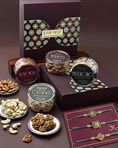 Image of Rakhi Combo For Brother Rakhi Set Of 3 Rakhi For Brother Set Of 3 Mixed Dry Fruits & Nuts Dry Fruits Combo Pack Small Pet Jars Pack Of 4 Dry Fruits Cashew Walnut Almond Earth And Sky Rakhi Set Of 3