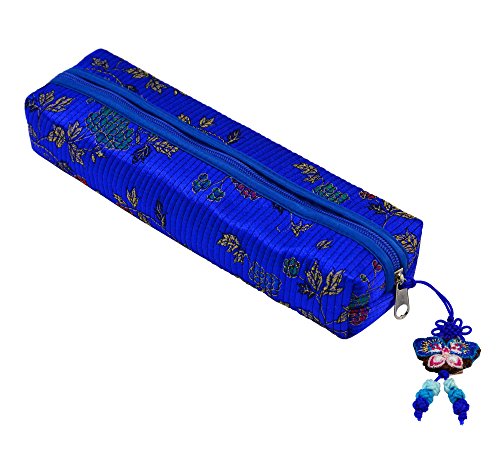 Trousse bleu marine avec broderies de fleurs coloré. Étui en tissu ramie, léger, souple et résistant. Fourniture scolaire pas brix Cover