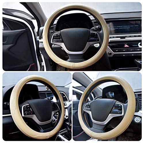 Ylife Microfiber Leather Car Steering Wheel Cover, Universal 15 inch Breathable Anti Slip Auto Steering Wheel Covers (Beige) - Thumbnail 4